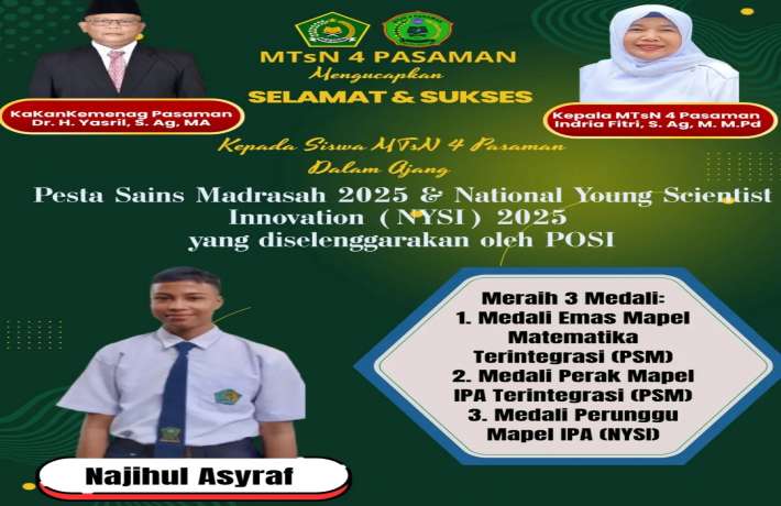 Najihul Asyraf Siswa MTsN 4 Pasaman Raih Tiga Medali di Dua Ajang Nasional POSI dan NYSI 2025